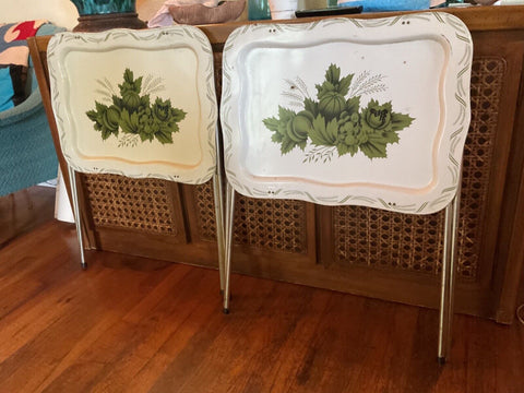 Pair Vintage Metal TV Trays tables cream green 1970s MCM mid century modern