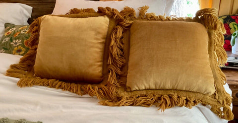 2 Vintage Gold Velvet Throw Pillow fringe  tassels Trim 16 by 16