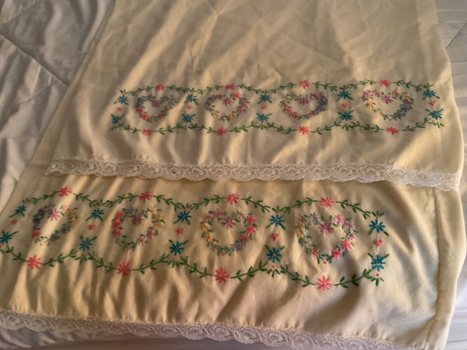 Vintage pair Embroidered Cross Stitch Pillow Cases floral Flowers