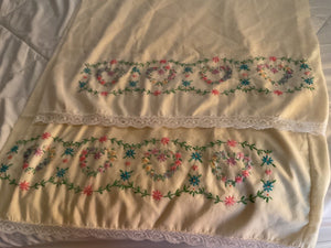 Vintage pair Embroidered Cross Stitch Pillow Cases floral Flowers