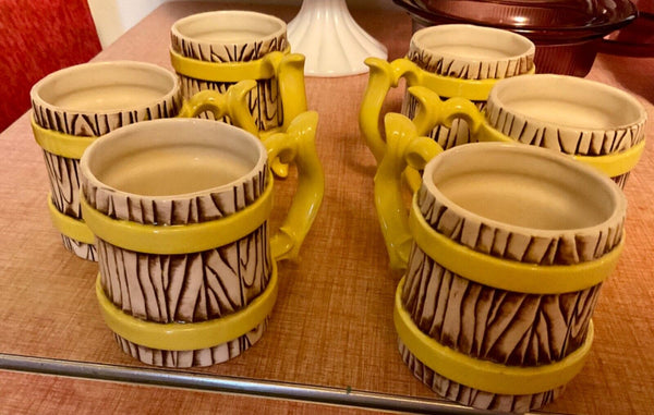 Vintage Set of 6 yellow band Barrel Ceramic Mugs cups  brown Wood Grain