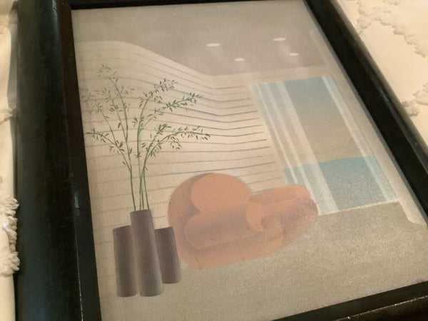 Vtg art deco Lithograph on canvas Personal Preference Inc. frame chair  plant