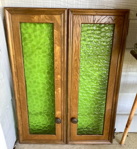 Vtg mid Century mcm Pair Stained wood Glass green cupboard Cabinet Doors