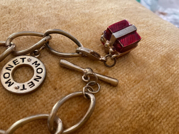 Monet Gold Tone Link Charm Bracelet w/ Red Enamel Gift Present Signed 8" Holiday