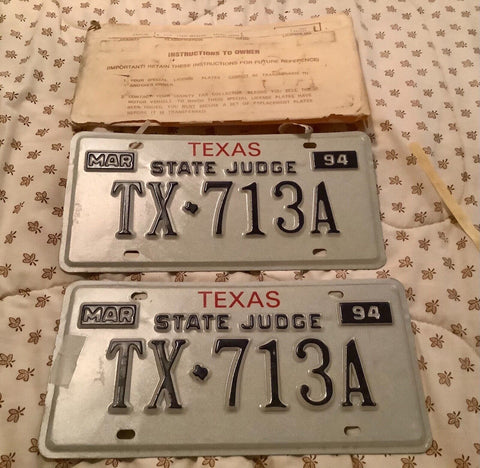 Vtg 1994 Texas STATE U.S. official JUDGE license plates tx 713a NOS PAIR
