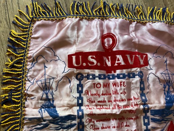 VINTAGE US NAVY SAILOR SWEETHEART wife CALIFORNIA FRINGED PILLOW COVER