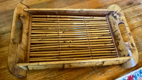 Tortoise Shell Bamboo Serving Tray Rattan Tropical Tiki Boho Handles Vintage