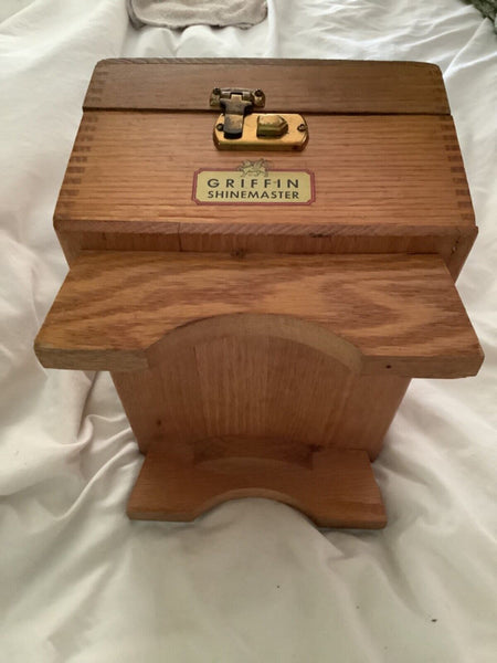 Vtg  wood Griffin  Shinemaster Shoe Shine Wooden Box chest  Brush  & Polishes