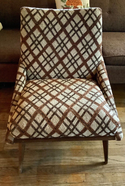 Vintage Wood fabric brown plaid Mid century  Modern Arm lounge Chair mcm retro 1