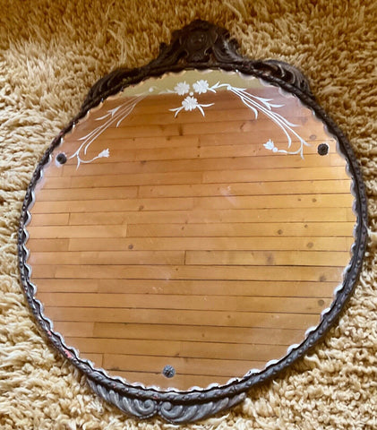 Vtg ART DECO WALL MIRROR carved wood frame PIE CRUST EDGE ETCHED ROSETTES round