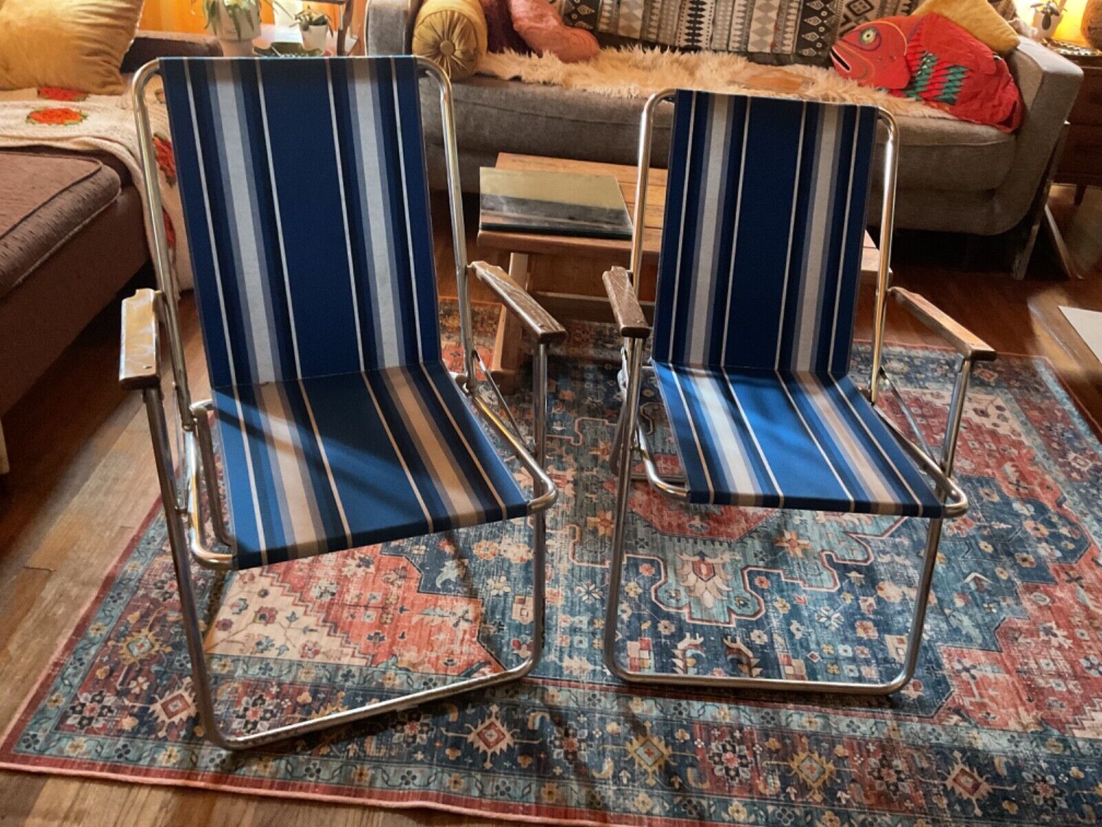 Vintage Zip Dee Blue Stripe Folding Lawn Chair Retro RV