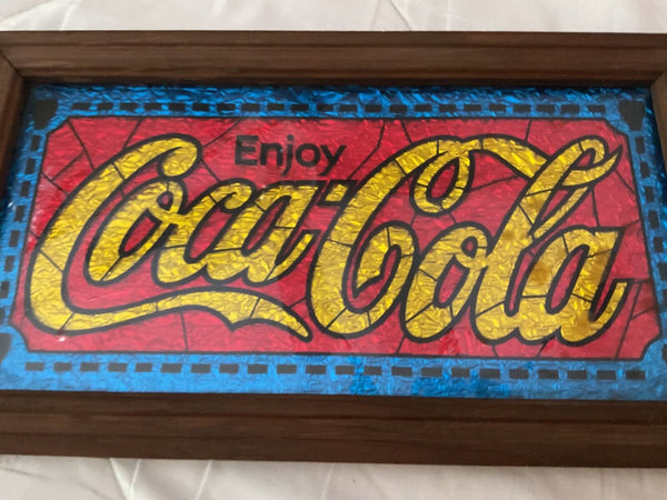 Vtg Coca-Cola coke soda  Foil Sign Wooden wood Frame Advertisement stained glass