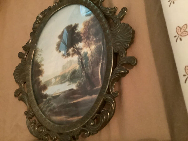 Vintage Brass  Italy Oval Picture Frame Convex Bubble Glass Landscape Print