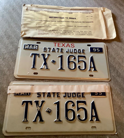 Vtg 1995 Texas STATE U.S. official JUDGE license plates TX 165A NOS PAIR