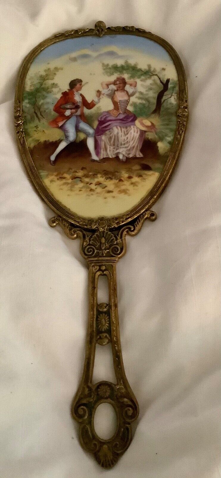 Antique Vtg Victorian Brass Hand Mirror Porcelain Inset Beveled Mirror