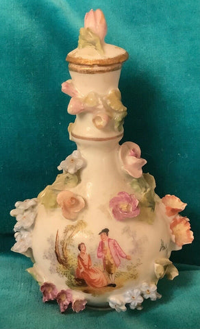 Antique Dresden Potschappel Porcelain Miniature Flower Encrusted Perfume Bottle