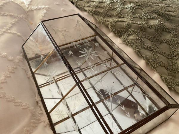 Vtg Mirrored Etched Glass and Brass Curio Cabinet Display Case Shelf  wall