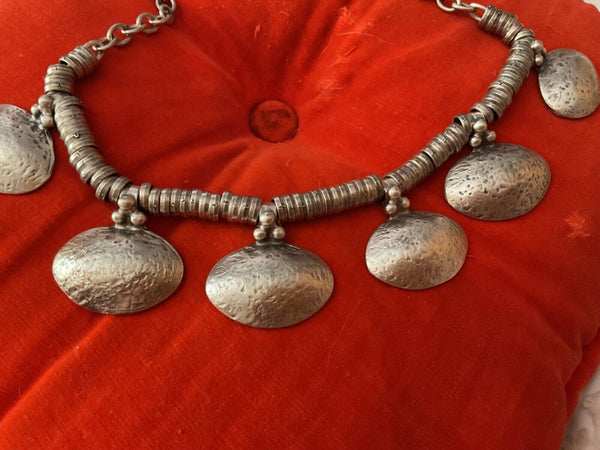 Modernist Industrial  Metal silver necklace Turkish coin Vintage