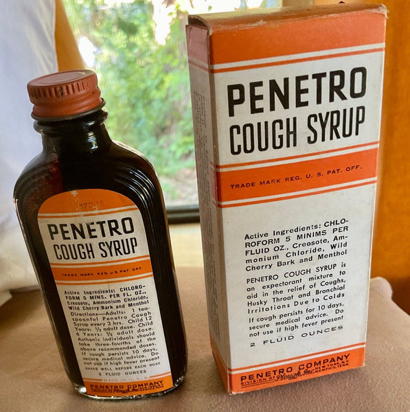 VINTAGE PENETRO  COUGH SYRUP glass medicine BOTTLE in box