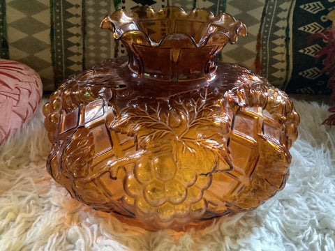 Vtg CONSOLIDATED GLASS AMBER PUFFY GRAPES MAY 31 1910 OIL LAMP SHADE  gwtw