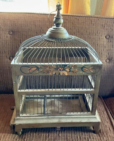 Vintage Bird Cage  birdcage wedding Hand Painted Flowers Wood Wire tray