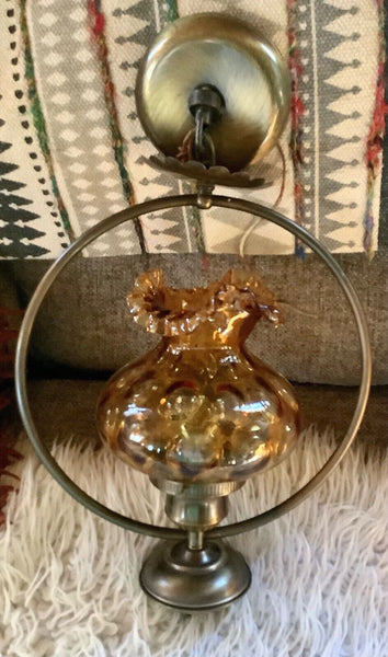 VTG amber Glass Coin Pattern lamp SHADE globe Hanging Light ceiling fixture