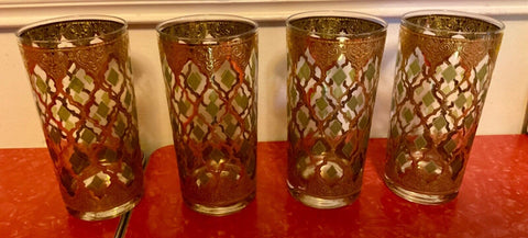 Set of 4 Vintage Culver Valencia 22kt Gold & Green Highball Glasses Signed MINT