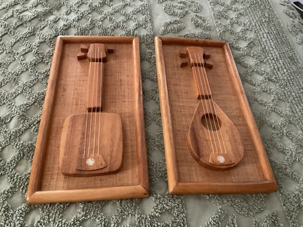 Vtg Enesco Wood Guitars on Burlap Framed Wall Art Hanging MCM Mid-Century pair