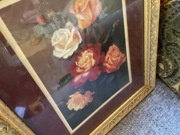 Vtg pair Roses Home Interiors Print By Di Giacomo Florals gold frame framed