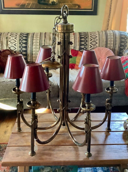 Vtg brass Gilt Bouillotte  tole Lamp 6 Lite Chandelier light fixture shades