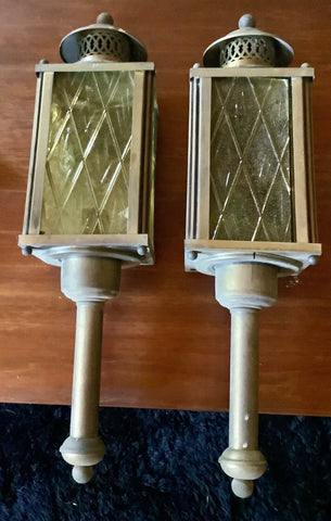 Antique Vtg Pair of Victorian Brass Carriage Coach Lights Lamps Lanterns sconce