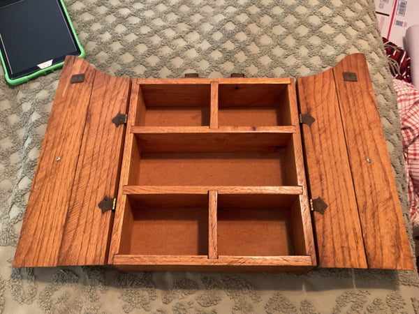 Vtg  Wood Wall Mount Medicine Cabinet chest Cupboard doors lion hardware shelf
