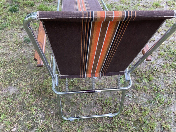 Vintage Zip Dee Brown Stripe Folding Chair Chrome + Wood AIR stream & foot rest