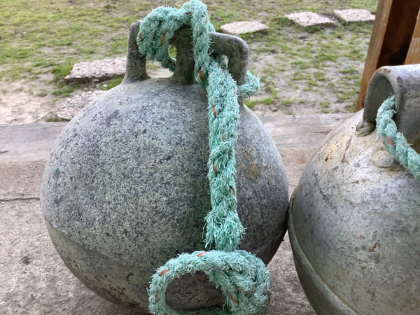 Vtg pair Antique Deep Sea metal zinc float buoy ball  BELL with ropE net