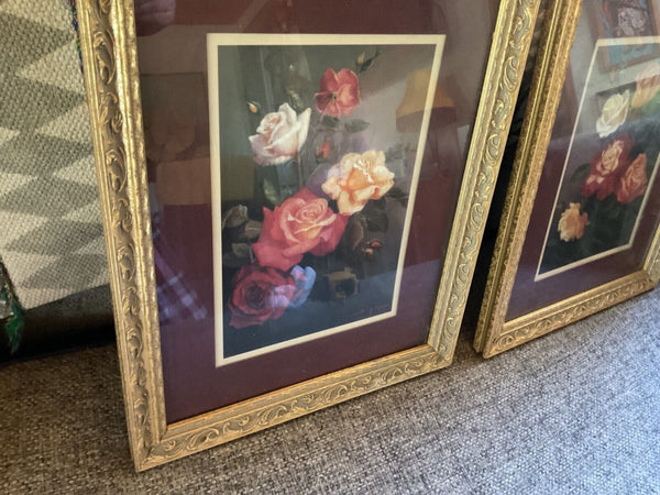 Vtg pair Roses Home Interiors Print By Di Giacomo Florals gold frame framed