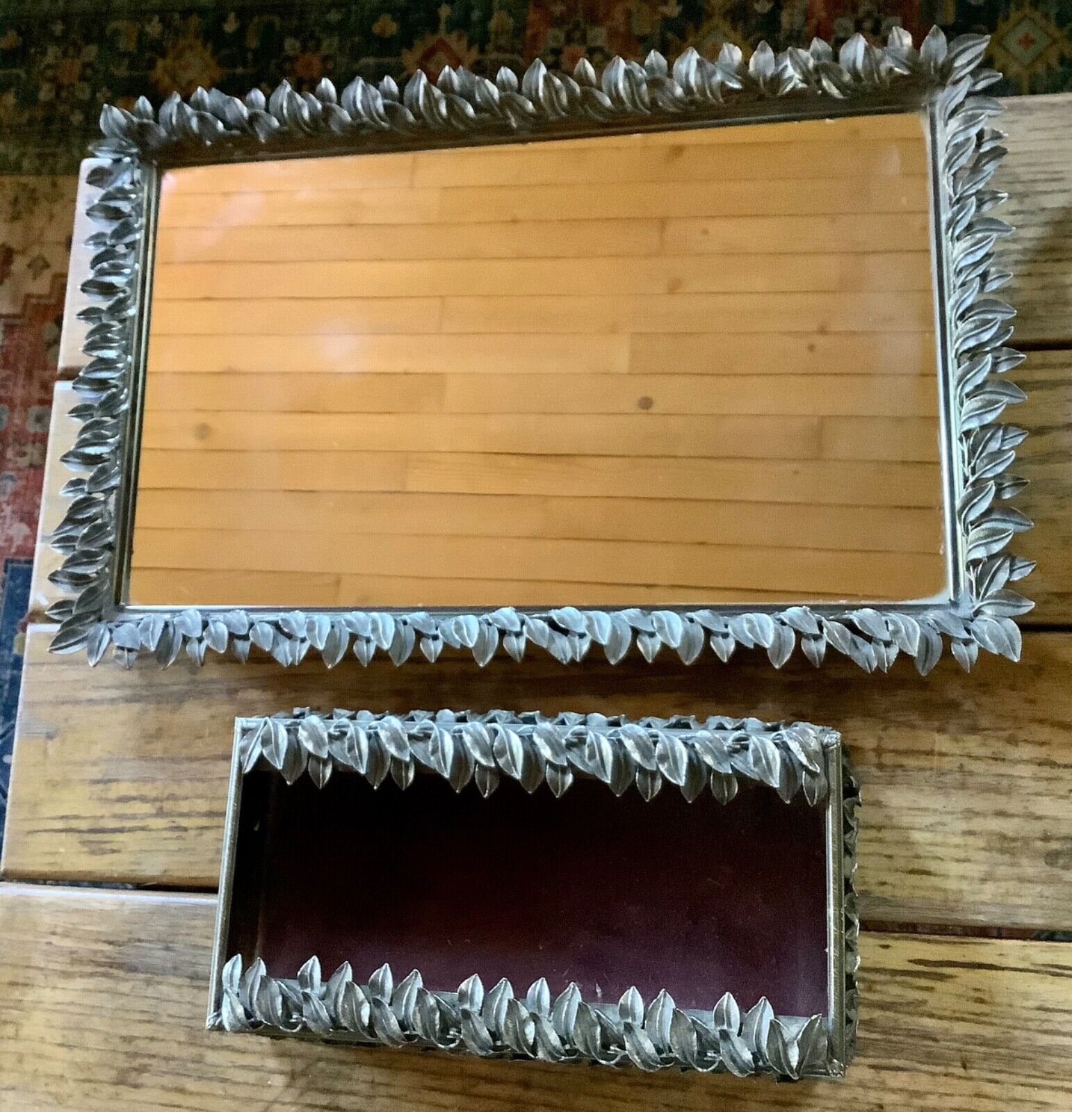 Vtg leaf Brass Mirror Vanity Dresser Table Top Footed Tray  with Kleenex box