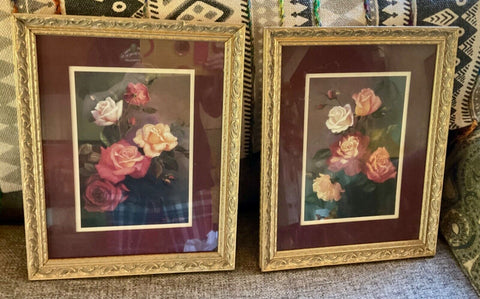 Vtg pair Roses Home Interiors Print By Di Giacomo Florals gold frame framed