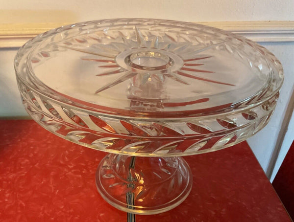 Vintage Heavy Glass crystal  Round Pedestal Cake Plate Stand W/Rum Well