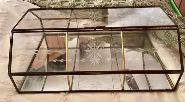 Vtg Mirrored Etched Glass and Brass Curio Cabinet Display Case Shelf  wall