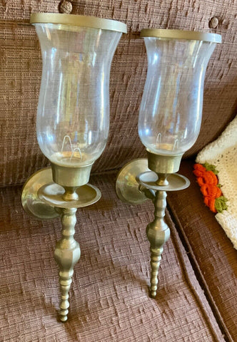 Vintage pair Brass Wall Sconce CANDLE HOLDER w HURRICANE GLASS SHADEs