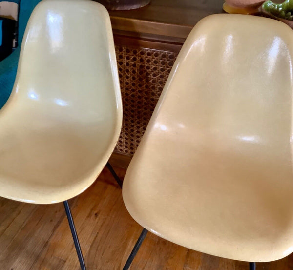 Vintage Herman Miller  Yellow beige Molded Fiberglass Eames Shell Chairs pair