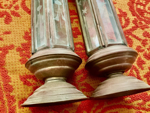 Pair Of Vintage Brass Etched Glass Candle holder Lanterns railroad