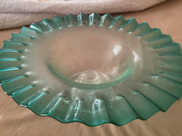 Vintage Hand Blown Glass Green Pedestal Bowl with Bubbles and Crimped or Ruffled