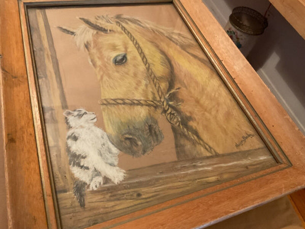 Vtg Mid Century Framed Horse Equestrian Art Print drawing signed Margery Barber