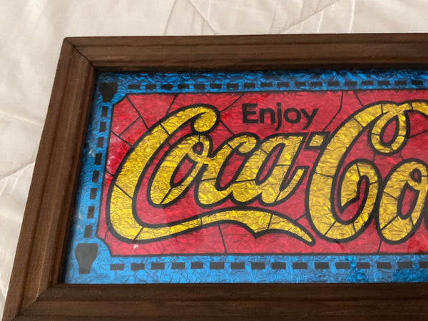 Vtg Coca-Cola coke soda  Foil Sign Wooden wood Frame Advertisement stained glass