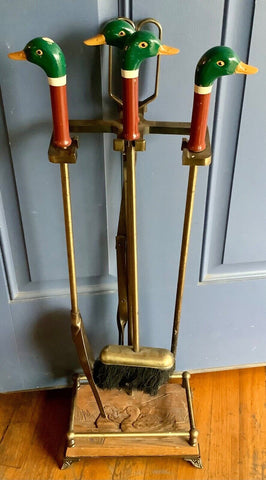 McM Vtg Brass Mallard Duck Head Fireplace Tool Set - 4pc & Stand