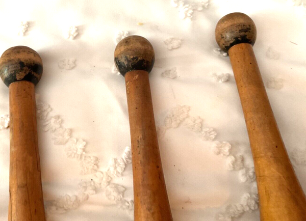 Lot 3 Antique Wood Juggling Clubs  Pins Vintage Exercise Weights Wilson 1 1/2 lb