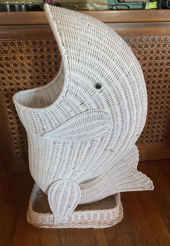 Vtg MCM White Wicker Rattan Large Whale Basket Laundry Toy Storage Coastal Beach