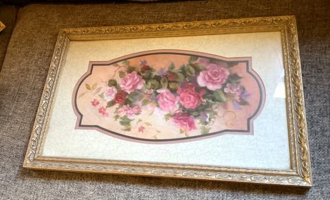 Vintage  gold framed Roses  Floral Home Interiors Print picture wall art frame