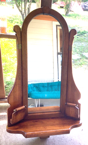 Vtg  wood wooden entryway hallway wall MIRROR shelf mail holder mid century mcm